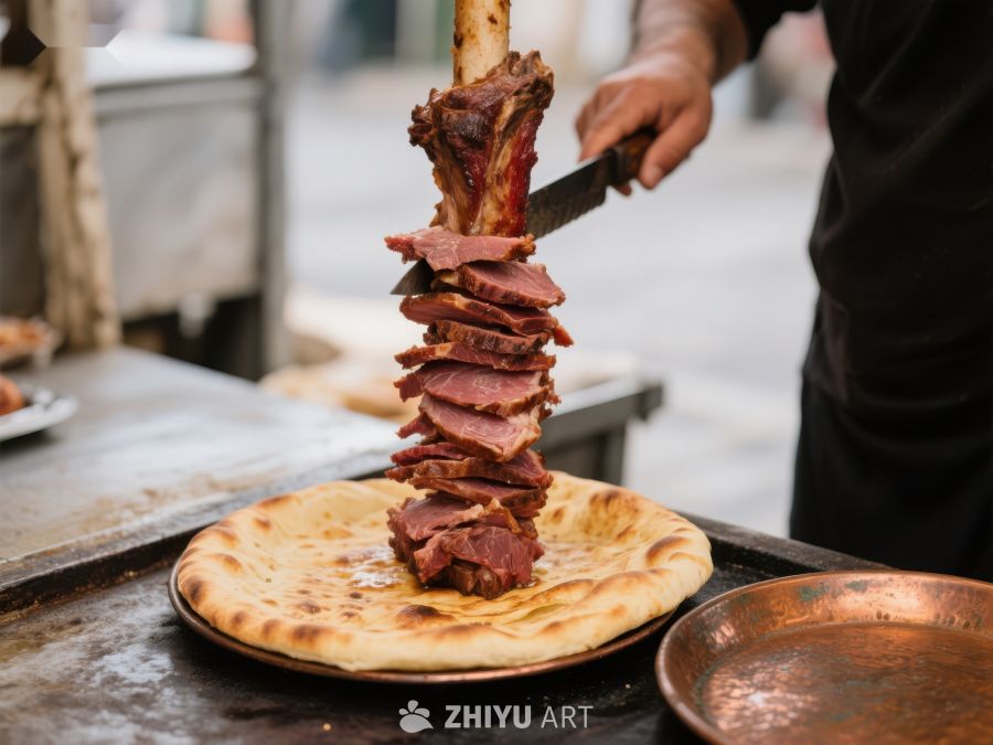 街头烤肉串切片，搭配面饼 245