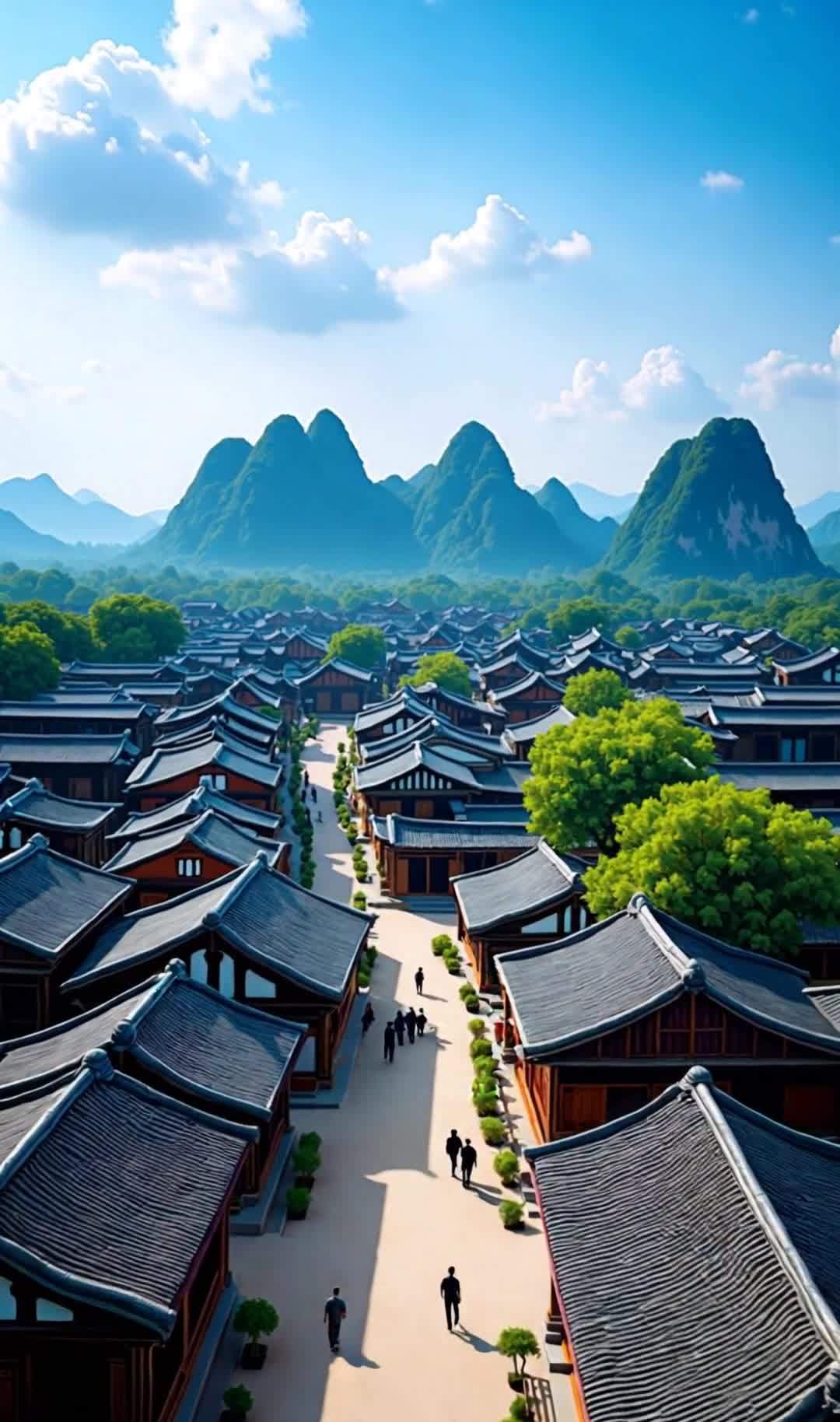 蓝天白云下，远山连绵，画面展现了中国广西的风景。航