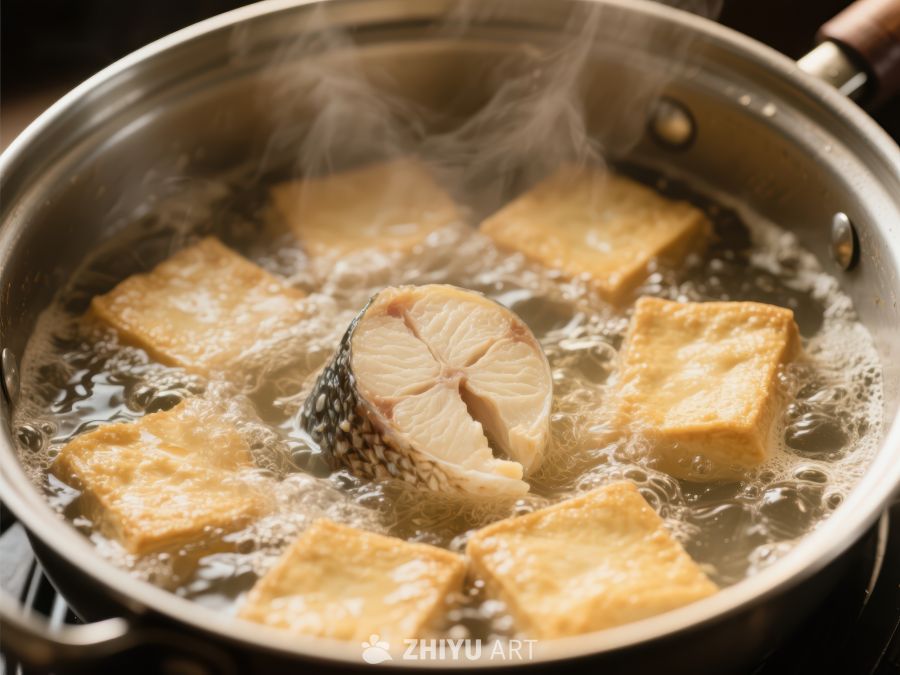 豆腐与鱼片在锅中烹煮 74