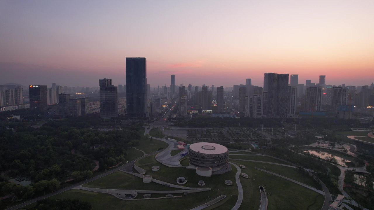 山东日照夕阳晚霞夜幕降临夜景灯光航拍 