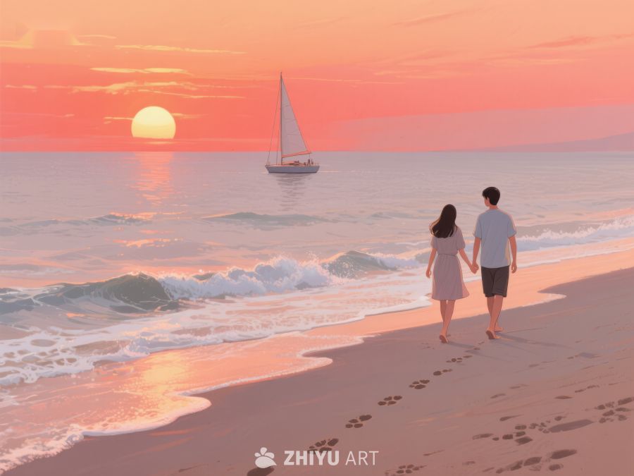 夕阳海滩漫步，情侣牵手前行 866