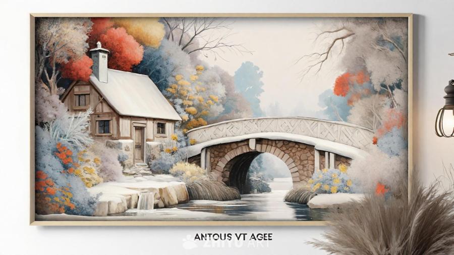 画面中有一幅画作，画作描绘了冬日风景。一座小屋位于
