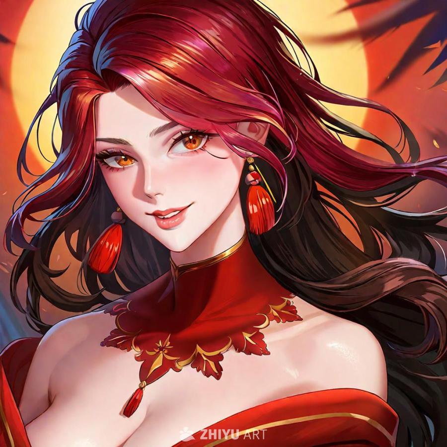 一个有着红色和黑色相间头发的女子，她拥有白皙的皮肤