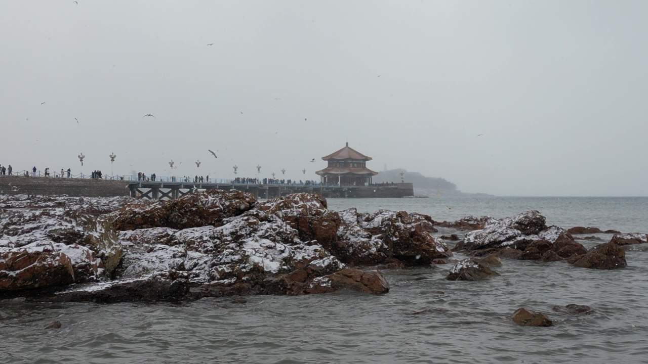 青岛市南老城区栈桥海边雪景航拍 15