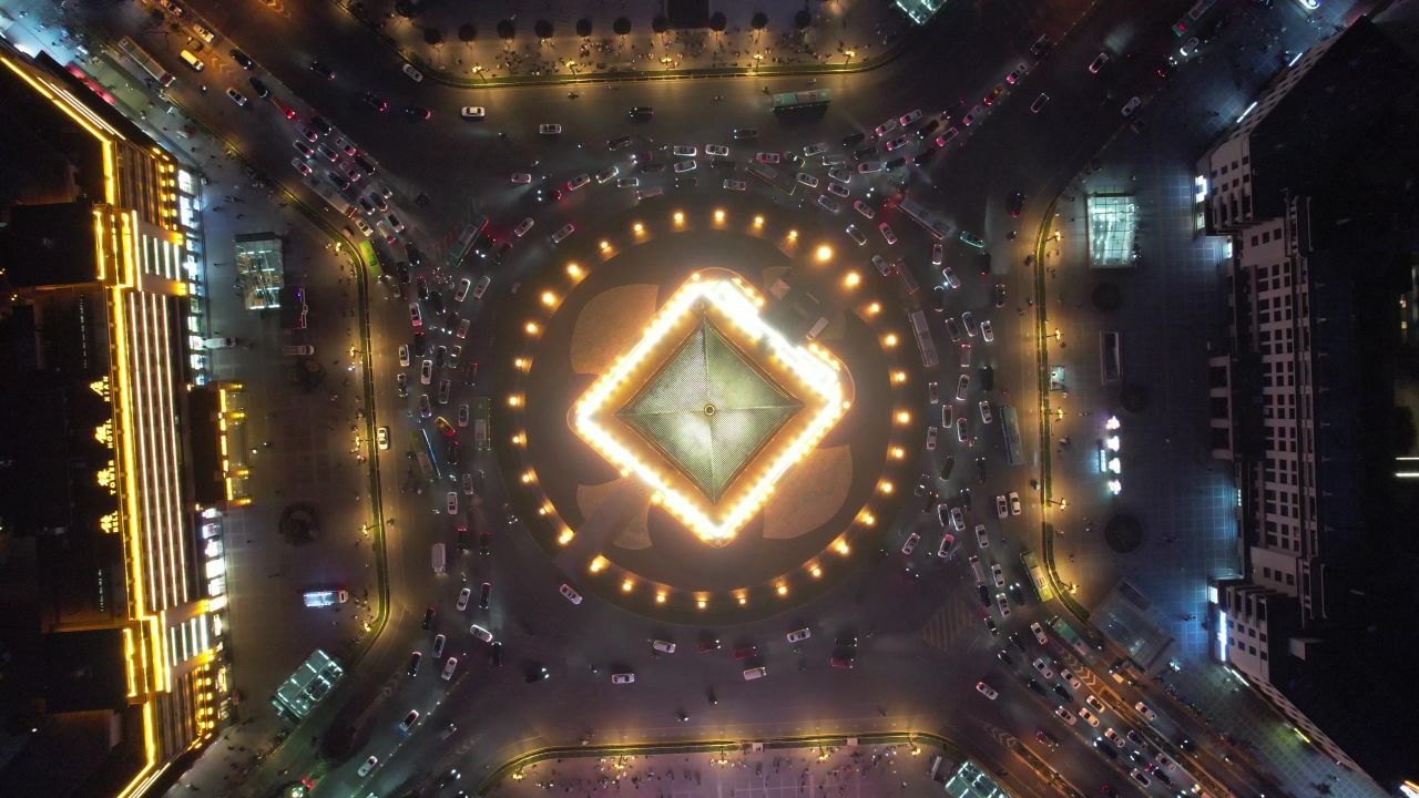 陕西西安钟楼夜景航拍