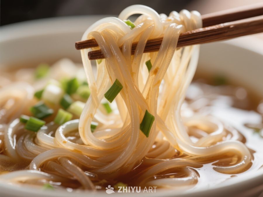 筷子夹起透明面条，热汤飘香 340