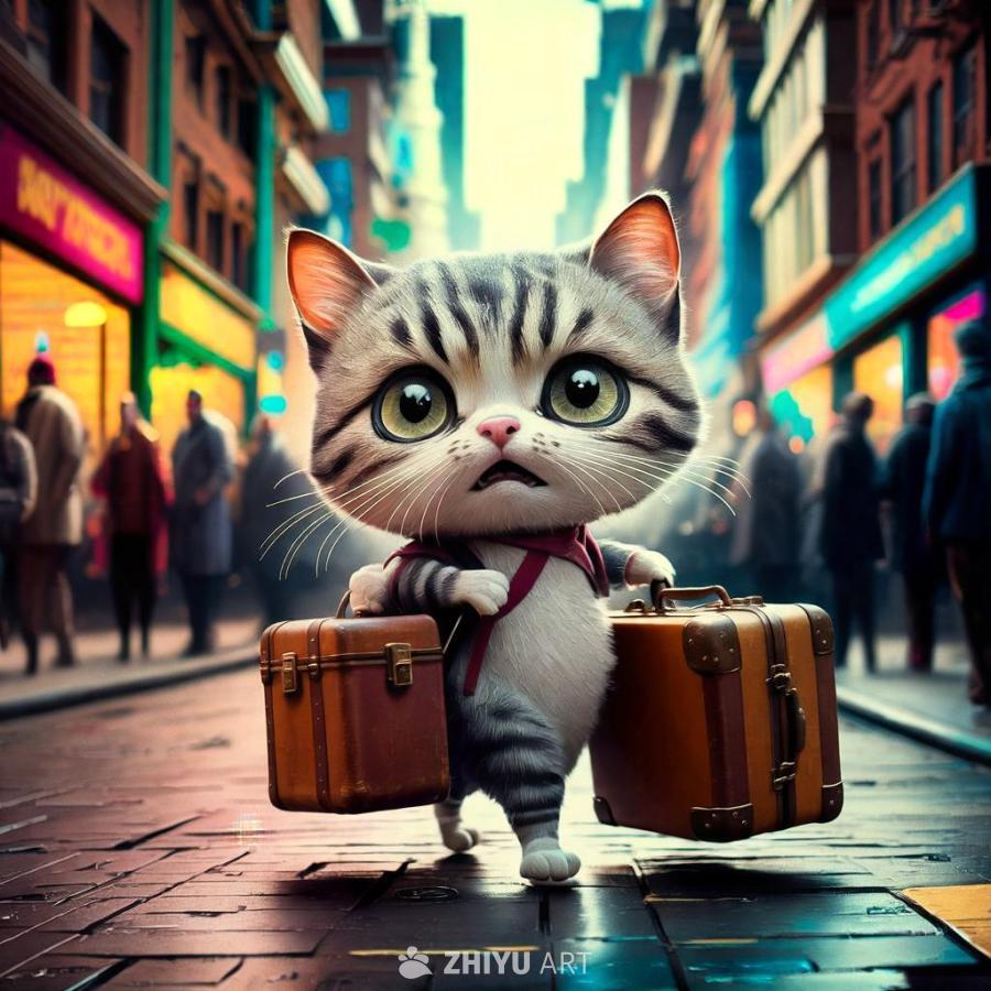 一只拟人化的小猫，它有着大大的眼睛和丰富的面部表情