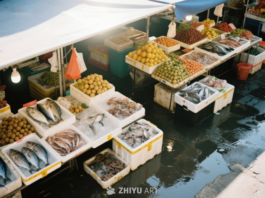 市场摊位上的新鲜海鲜与水果 500