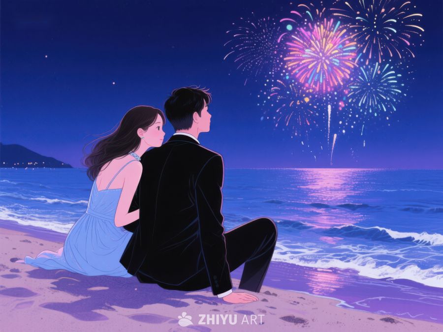 情侣海边观赏烟花 499
