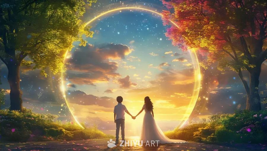 一个明亮的光圈，男孩和女王手牵着手，对面是天空和色