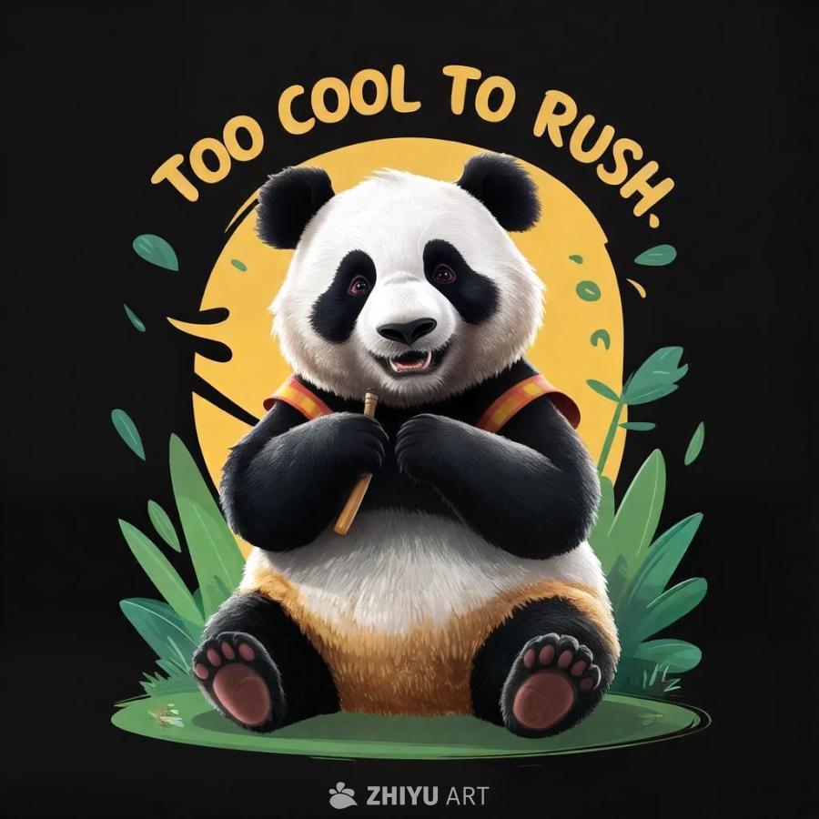 一只卡通熊猫穿着T恤坐在草地上，背景是一个黄色圆圈