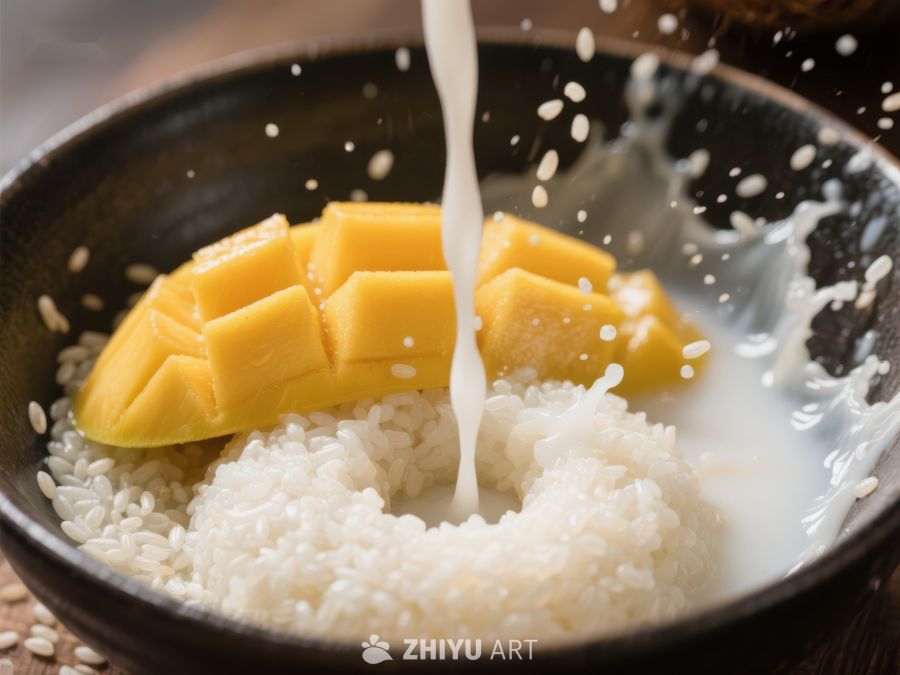 芒果糯米饭浇牛奶特写