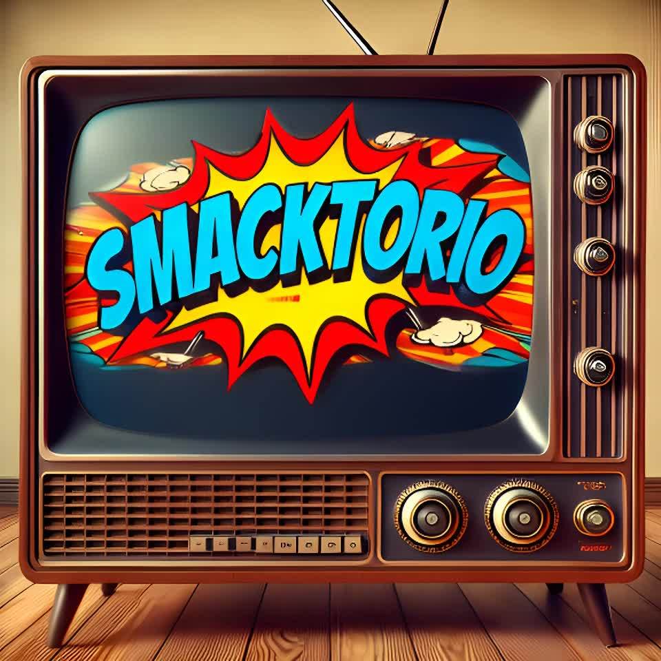 一台棕色的老式电视机，屏幕上显示着蓝色的SMACK