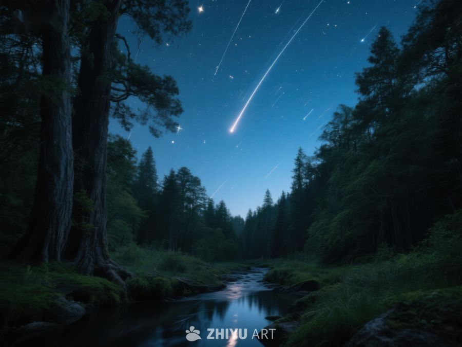 夜空流星划过森林溪流 268