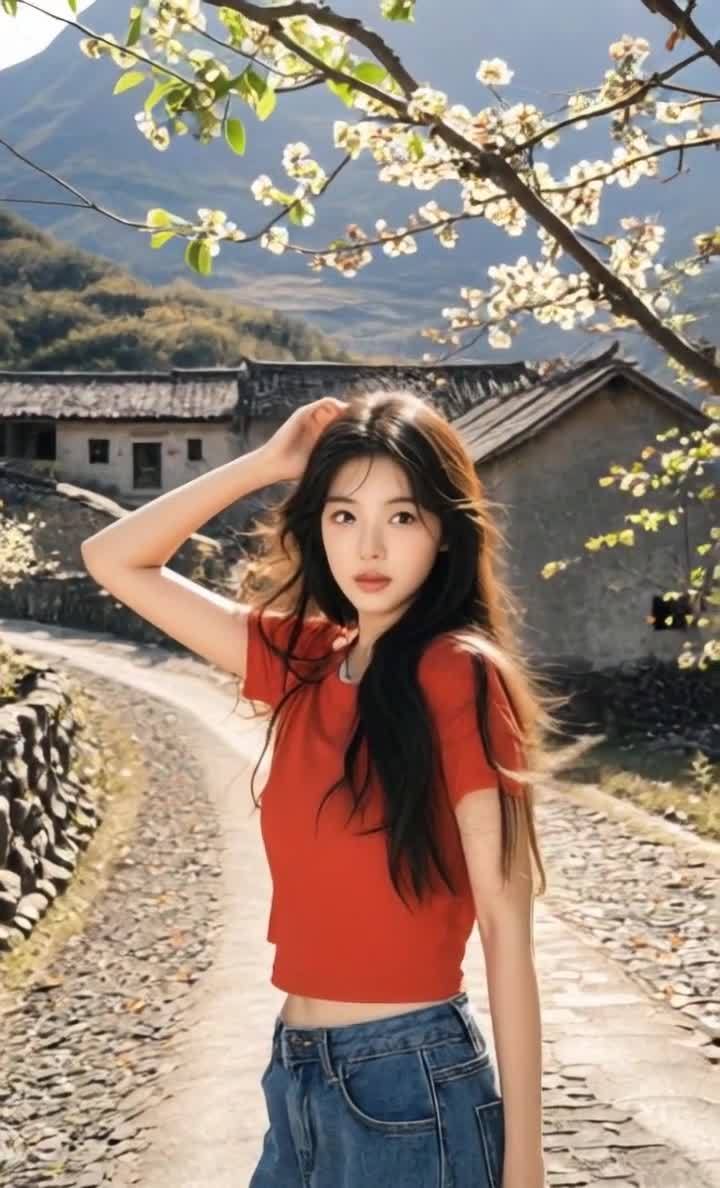 一位年轻女性站在一条石子路上。她身穿红色短袖上衣和