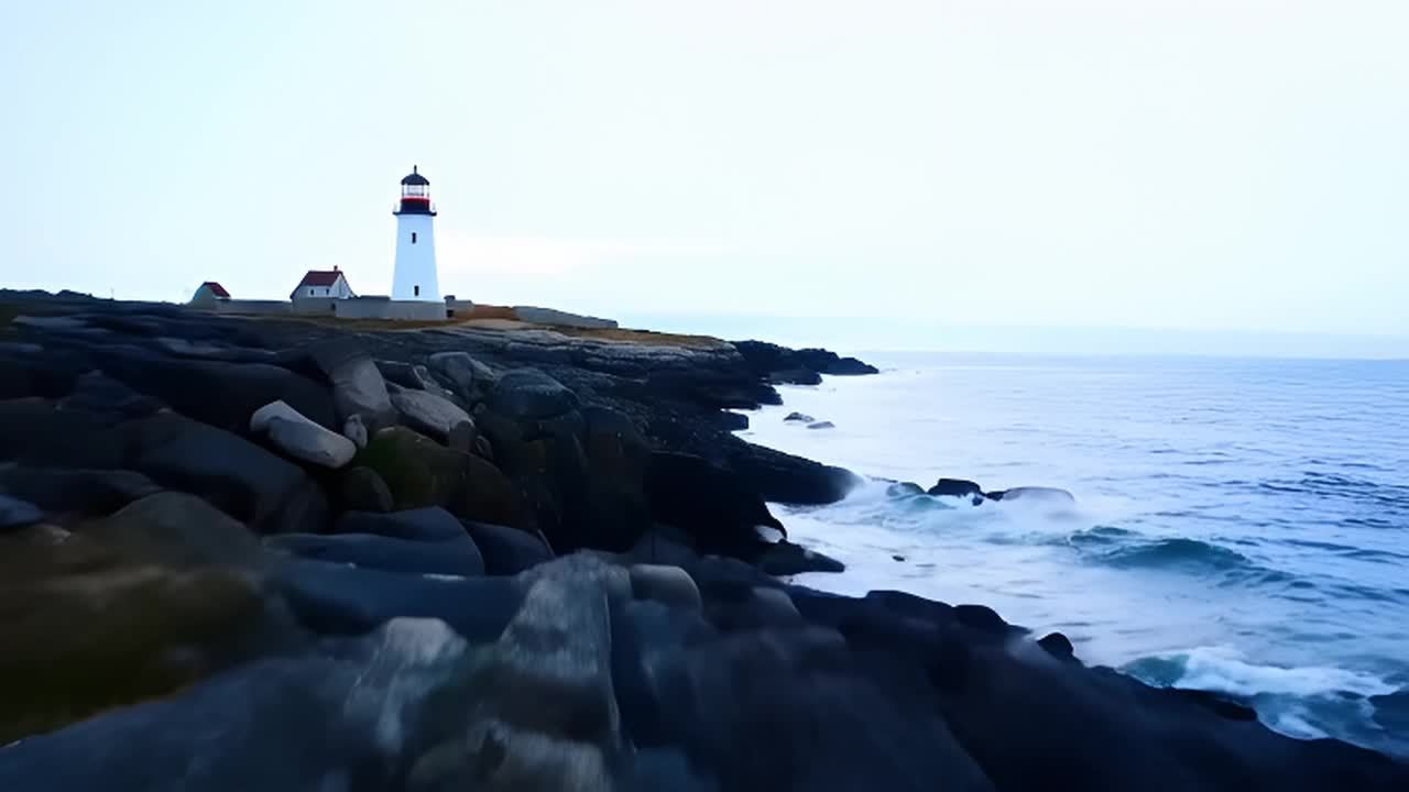 海岸边有崎岖的岩石，海浪拍打着岩石。远处的海岸线上