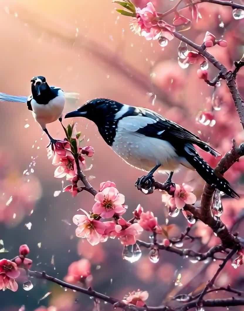 两只喜鹊与粉色花朵及水滴的唯美画面