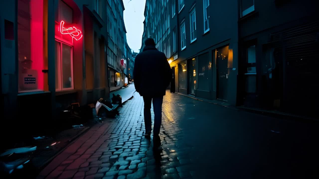 一个穿着深色外套的人走在夜晚的鹅卵石街道上，街道两
