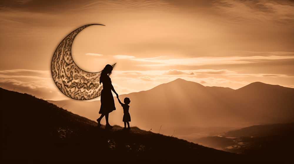 太阳在山中的母亲和孩子的剪影图像后面升起，