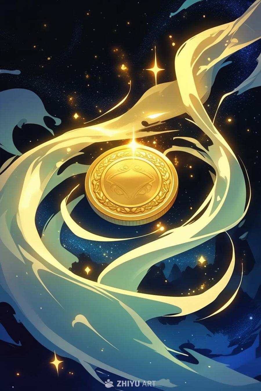 一枚闪闪发光的金币悬浮在一个黑暗的、神秘的幻想世界