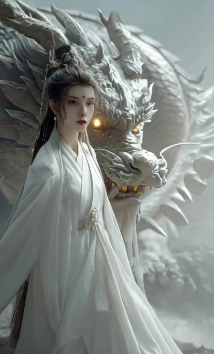 白衣女子与巨龙：唯美仙境的守护者