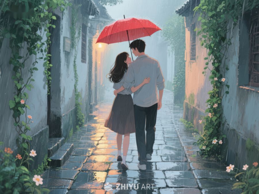 雨巷情侣，红伞下的浪漫时光 1045
