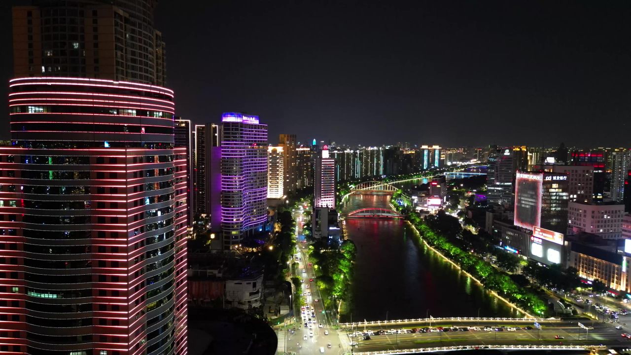  航拍浙江宁波城市夜景奉化江