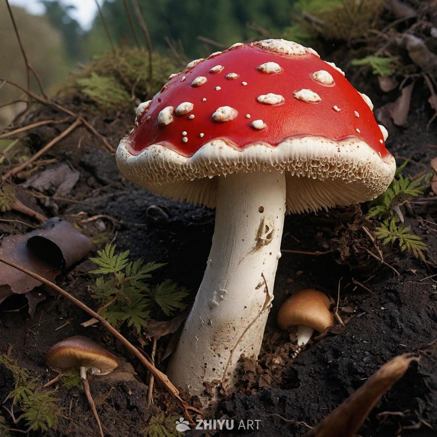 一个红色带白色斑点的巨大蘑菇生长在土坡上，周围散落