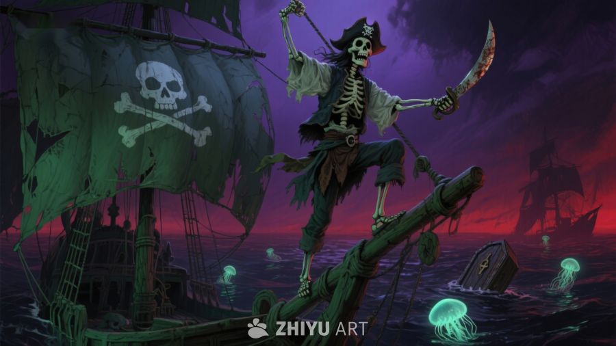 骷髅海盗挥剑于幽灵船头