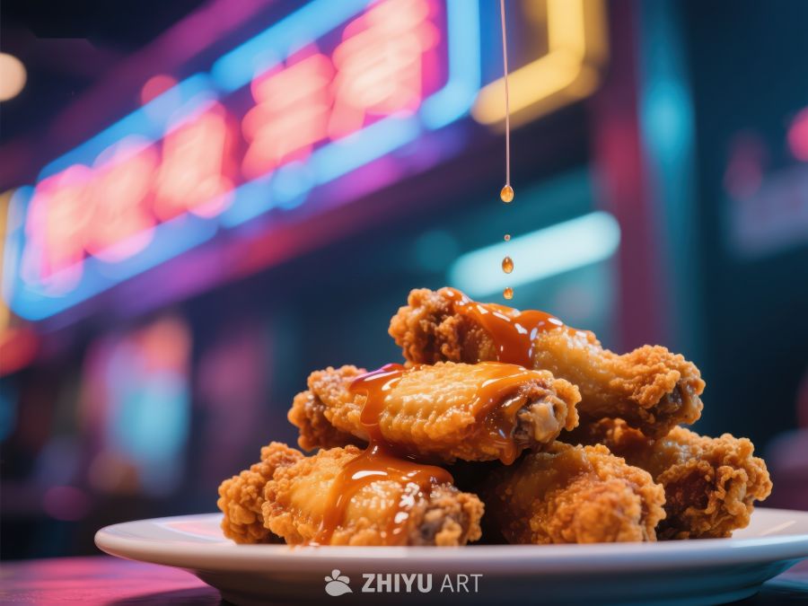 酱汁淋鸡翅，霓虹灯下美食