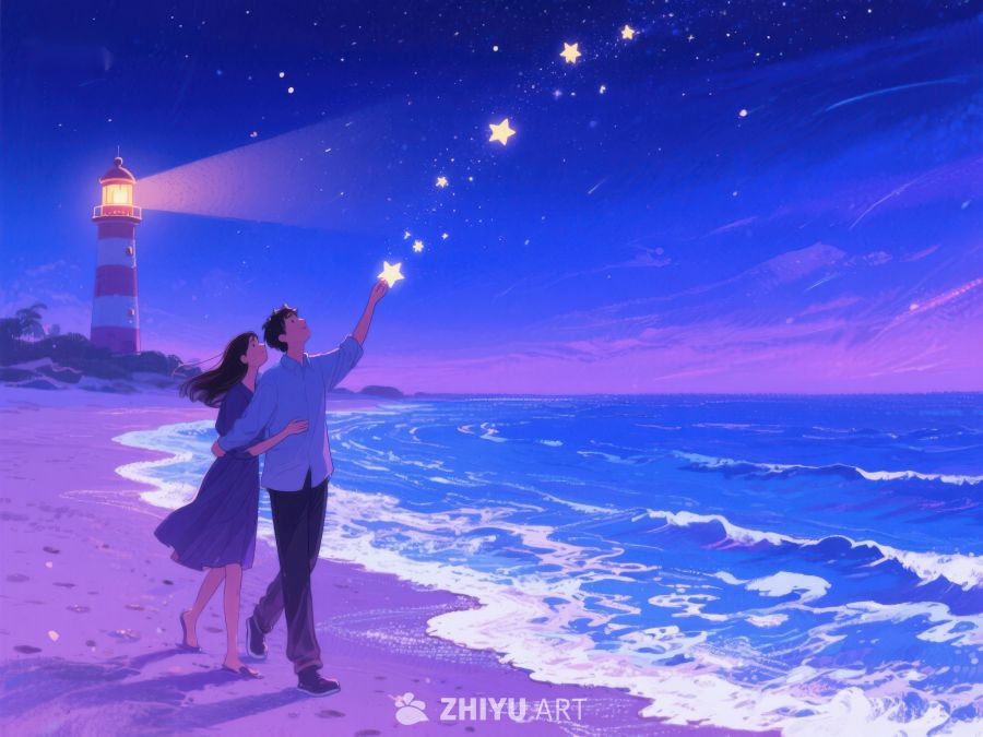 夜空下的灯塔与情侣 948