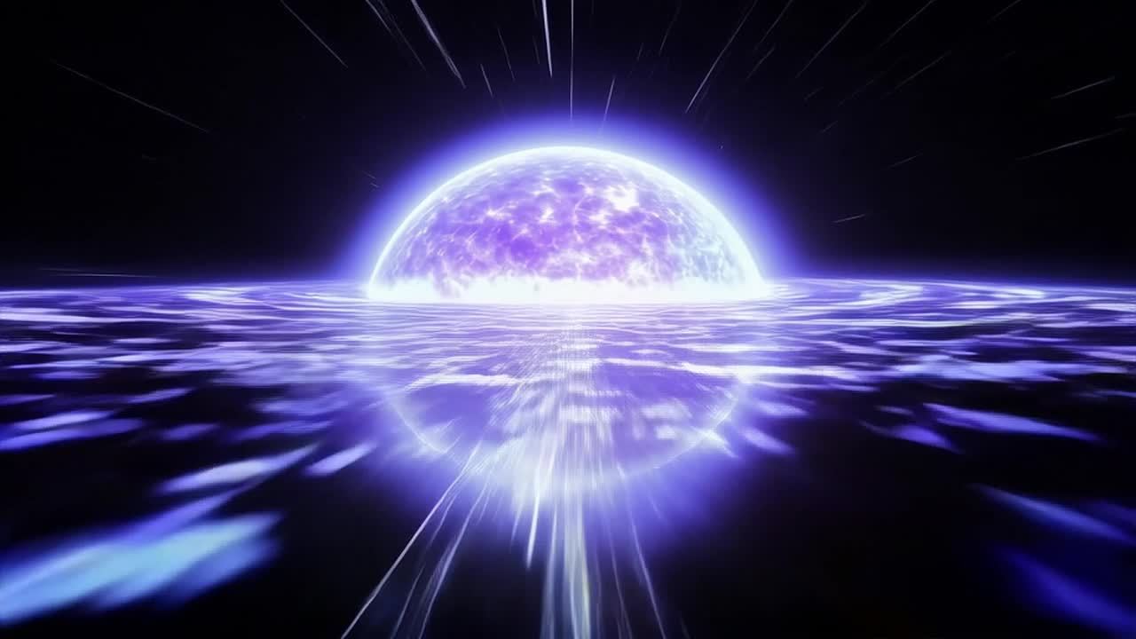 一个快速旋转的中子星，其两极发出明亮的光束。镜头围