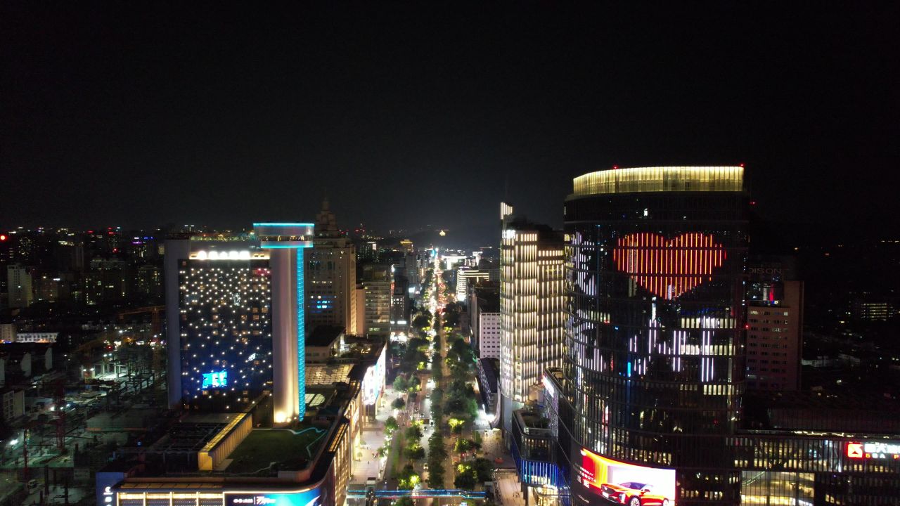 浙江杭州城市夜景交通航拍