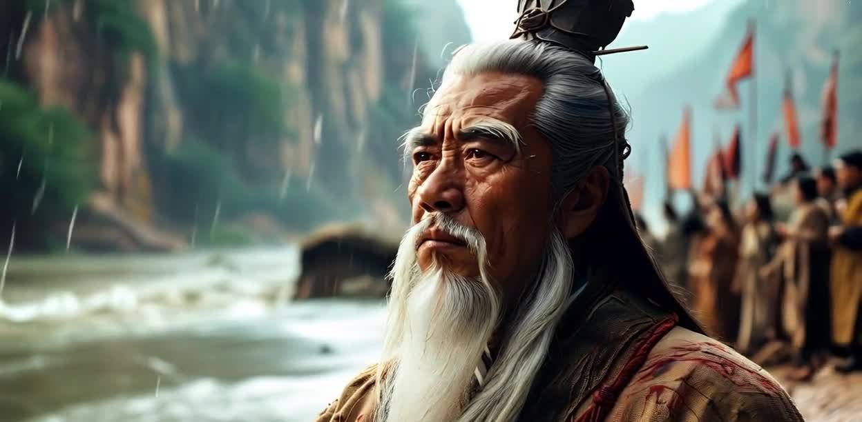 一位留着长白胡须的老人侧身而立，他头戴黑色装饰，身
