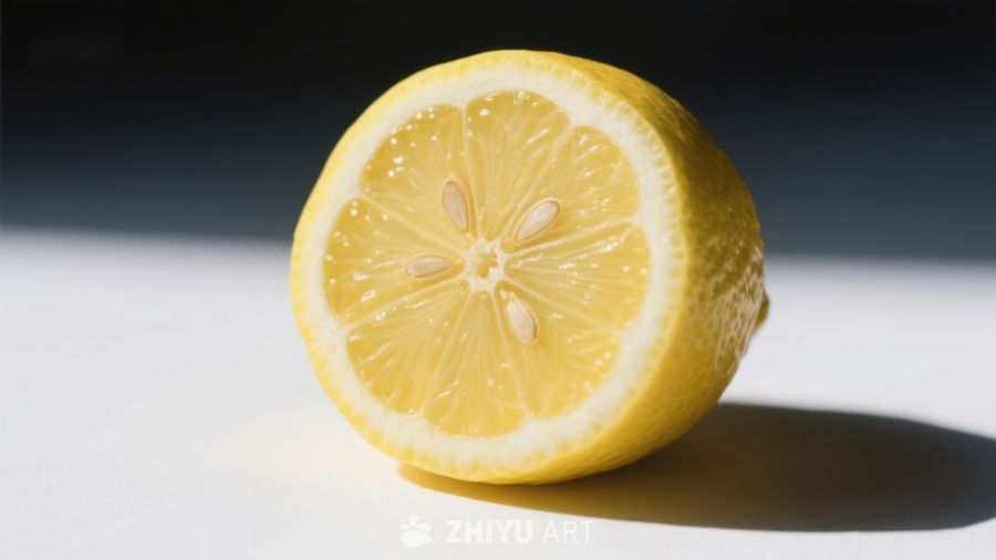 切开的柠檬，展示鲜艳黄色果肉