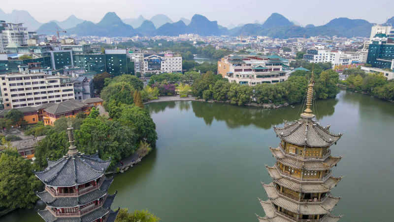 广西桂林日月双塔航拍  