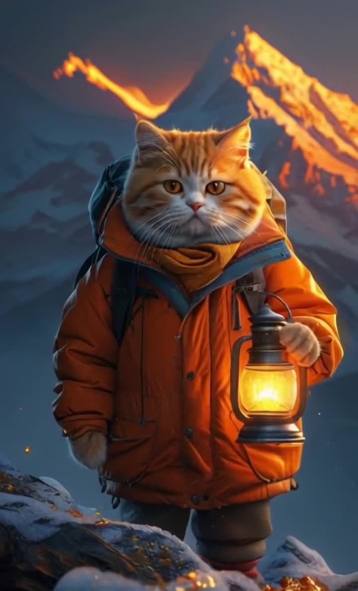 一只猫穿着橙色的外套和黄色的围巾，背着背包，手里提