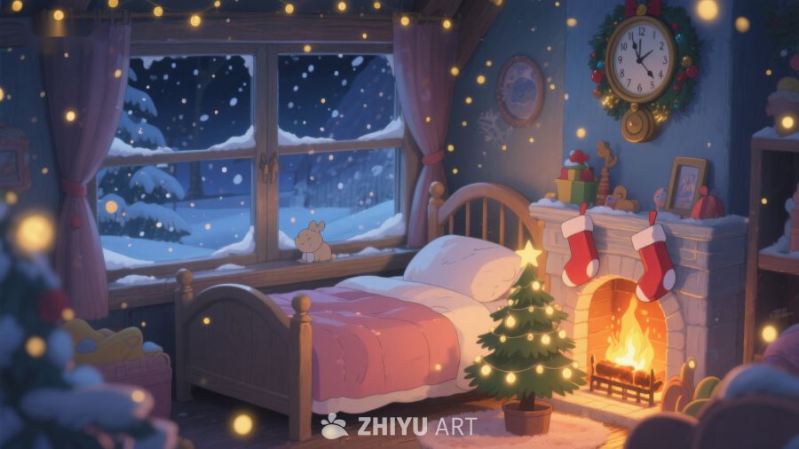 温馨圣诞夜的儿童卧室 332