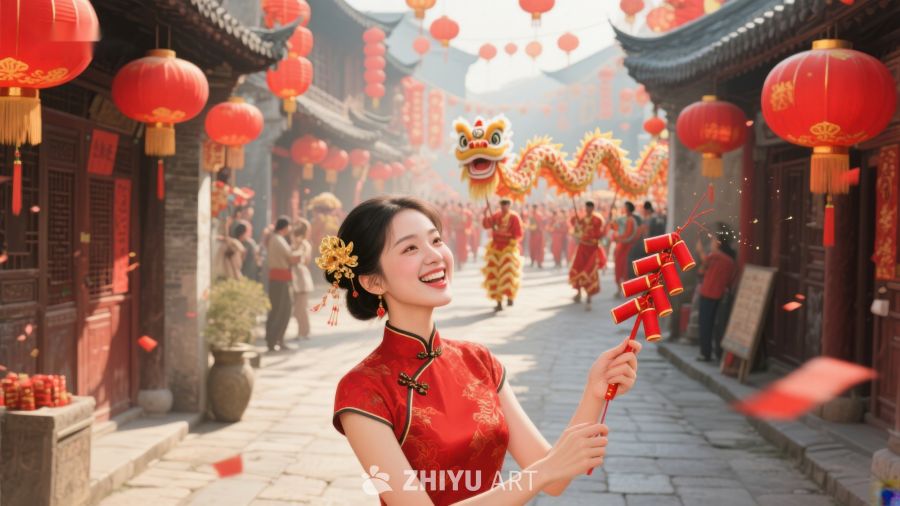 女子身着红裙欢庆传统节日 681