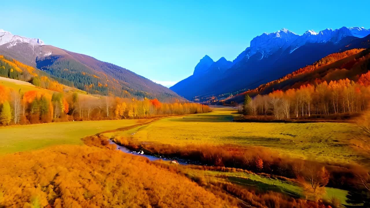 山谷全景图：一条蜿蜒的小溪流经其中，四周被秋天的山脉所环绕。摄像机运动：缓慢地横扫整个景观。额外细节：金色的叶子覆盖着森林，与清新明亮的蓝天形成了一幅绚丽的画卷。慢动作航拍：一个宁静山谷的全景图，一条蜿蜒的溪流从中穿过，远处是秋天的山脉。摄像机缓缓地在风景上移动。金黄色的叶子铺满了森林，与清澈明朗的天空共同构成了一幅美丽的画卷。