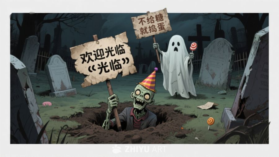 万圣节墓地场景：鬼魂与僵尸的欢迎