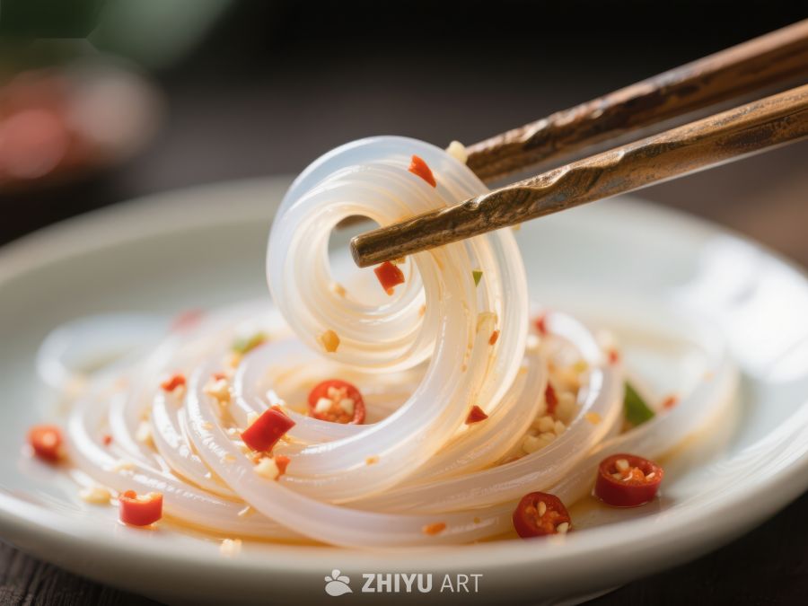 筷子夹起透明粉丝，配以辣椒点缀 717