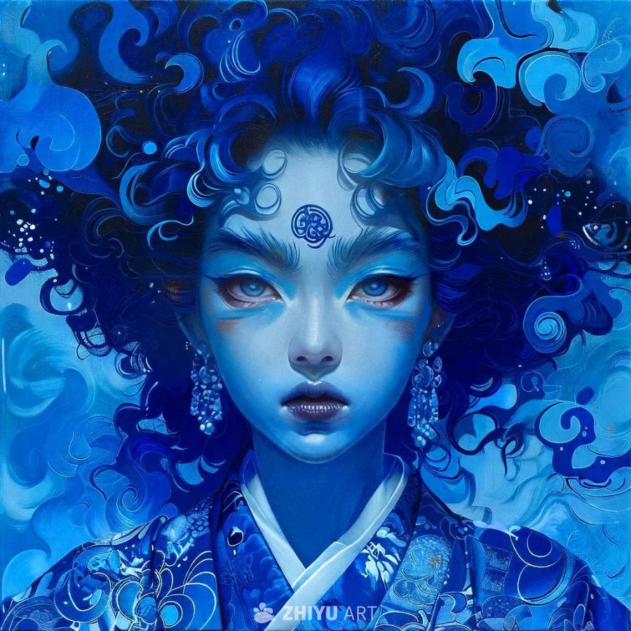 以蓝色为主色调的壁纸上，呈现了一个人物形象，该人物