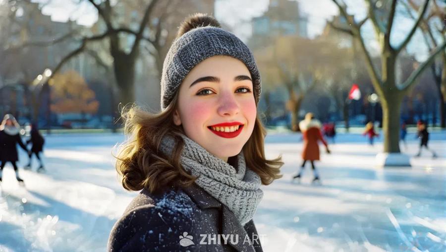 一位年轻女子在公园的冰面上滑冰，她戴着灰色的帽子和