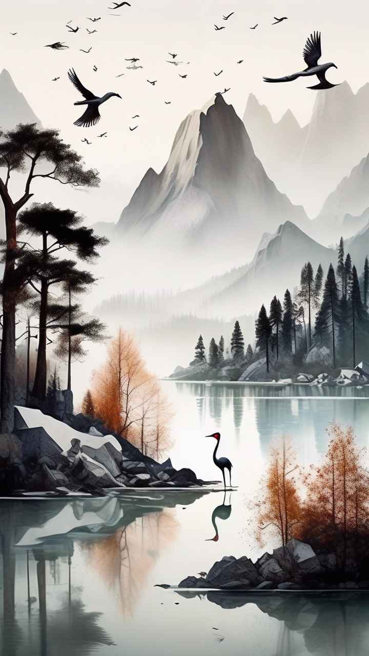 国风山水鹤插画背景 97
