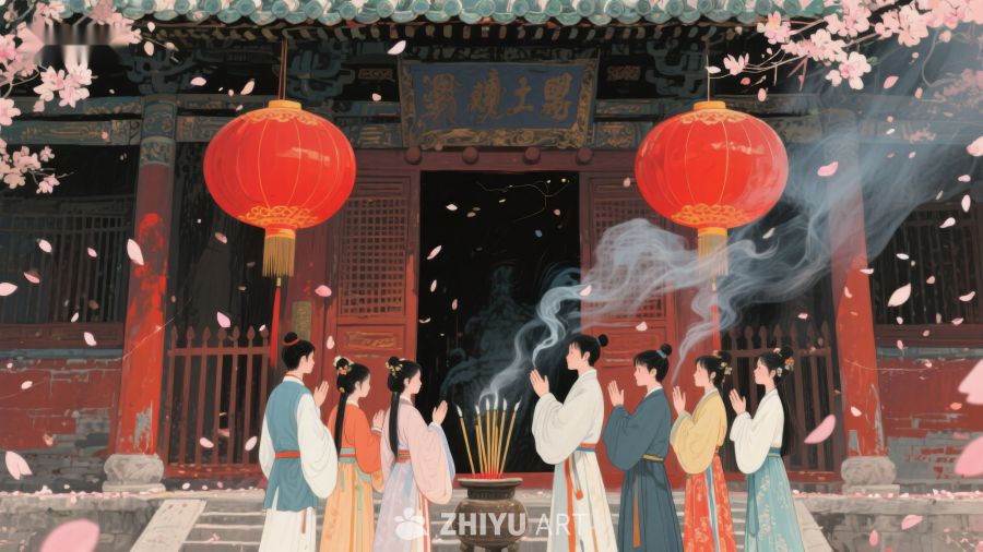 古风人物在庙宇前焚香祈福 233