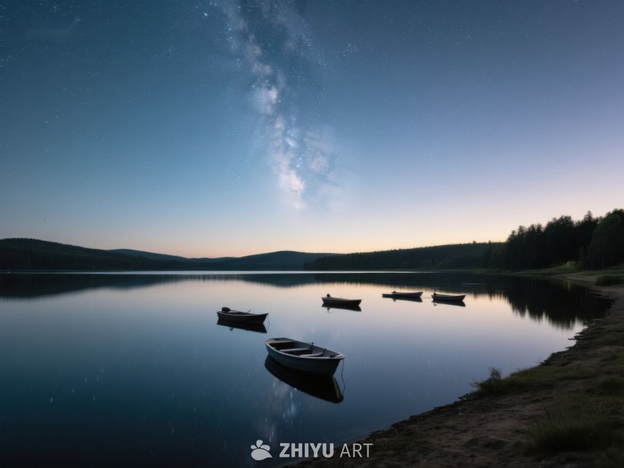 夜空下的静谧湖面与小舟 345
