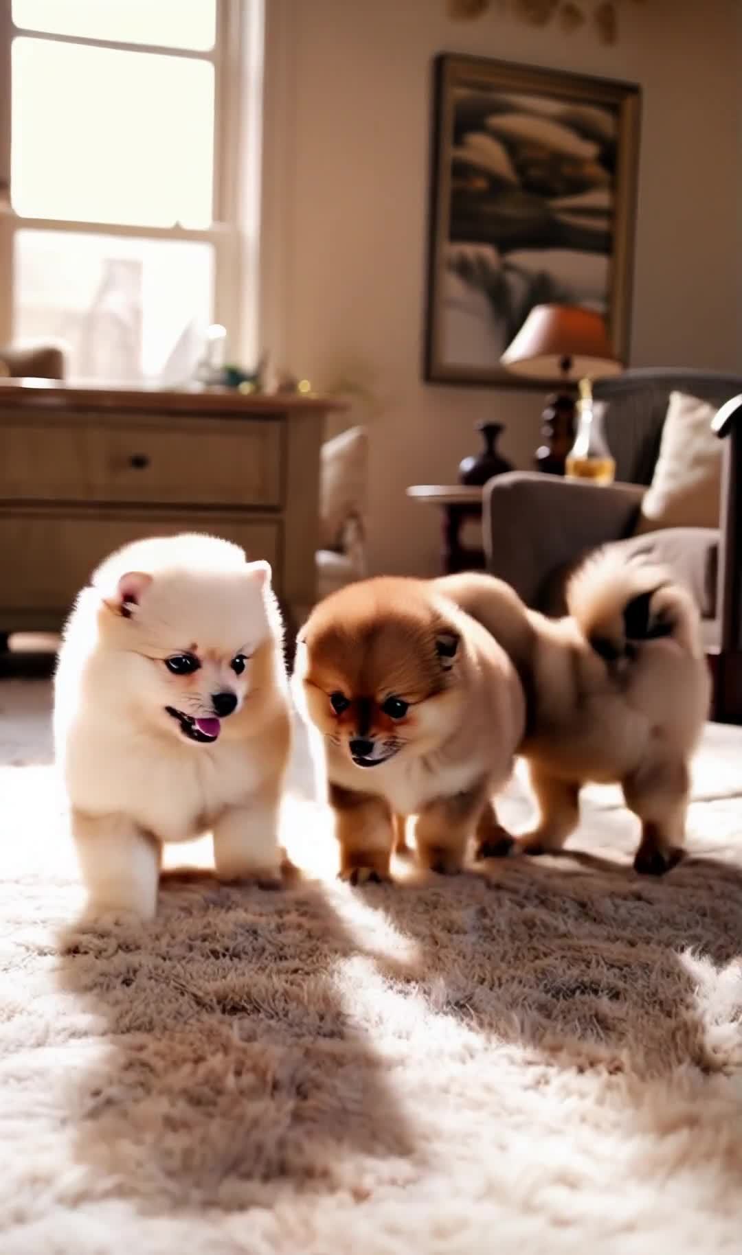 阳光下三只蓬松博美幼犬嬉戏于毛茸茸地毯