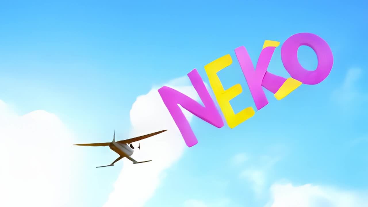 蓝色的天空中有柔软的白色云朵。一架小飞机在天空中飞