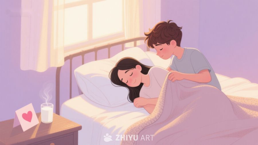 温馨晨光中，男孩轻柔为女孩盖被 331
